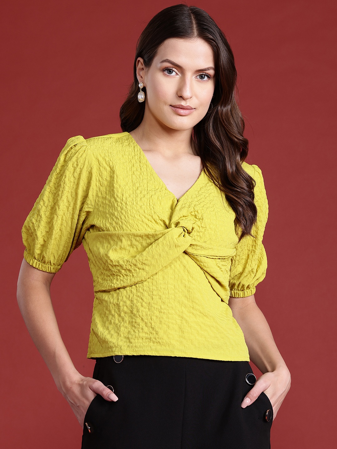 

all about you Puff Sleeves Textured Twisted Top, Lime green