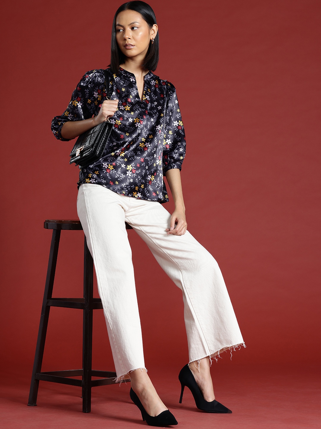 

all about you Floral Print Satin Finish Mandarin Collar Puff Sleeve Top, Navy blue