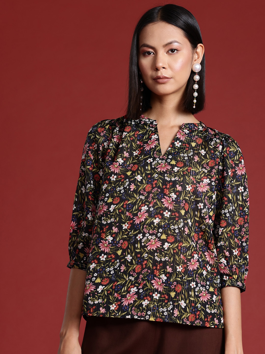 

all about you Floral Print Puff Sleeves Top, Black