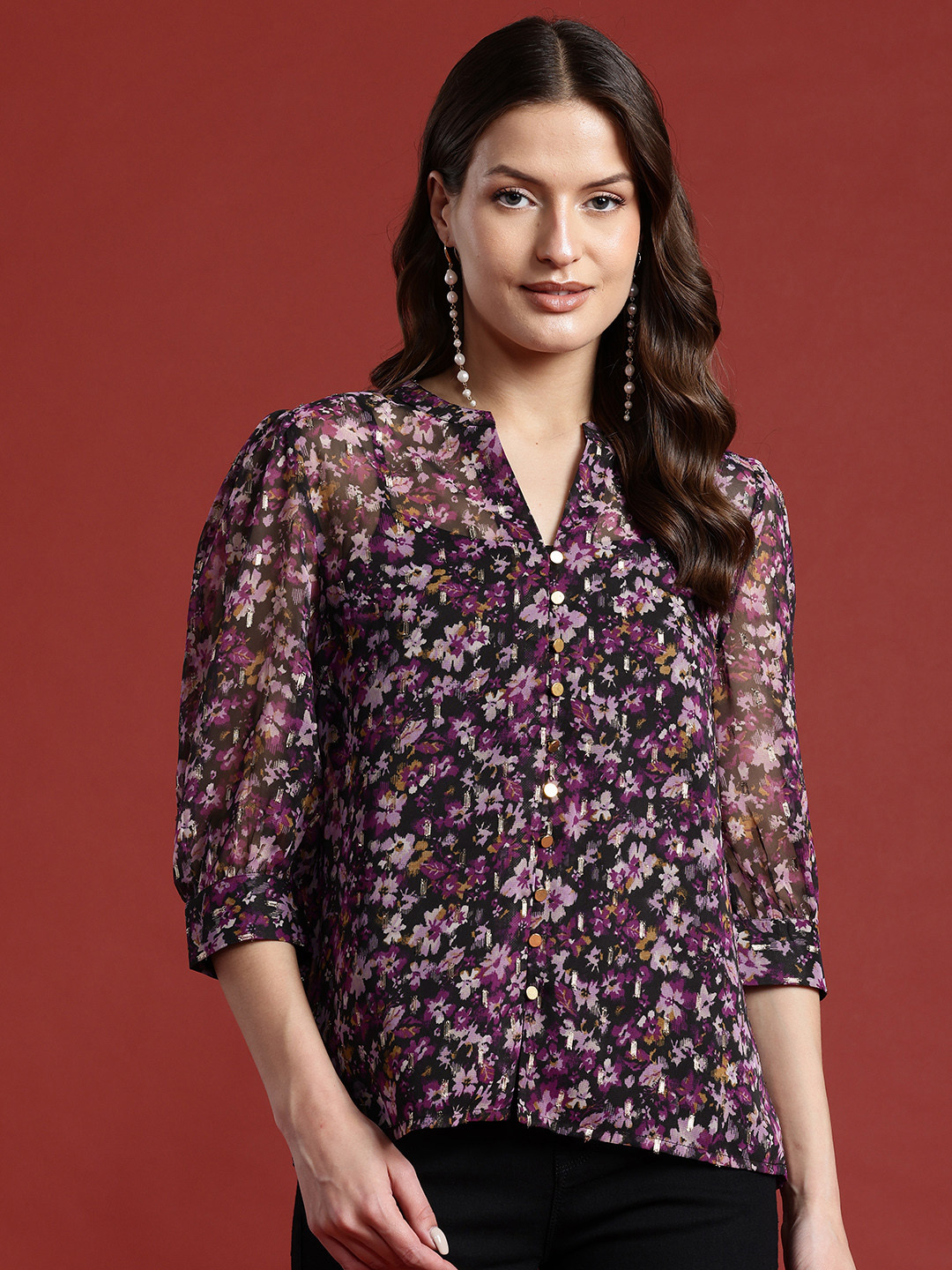 

all about you Floral Print Sheer Shirt Style Top, Black