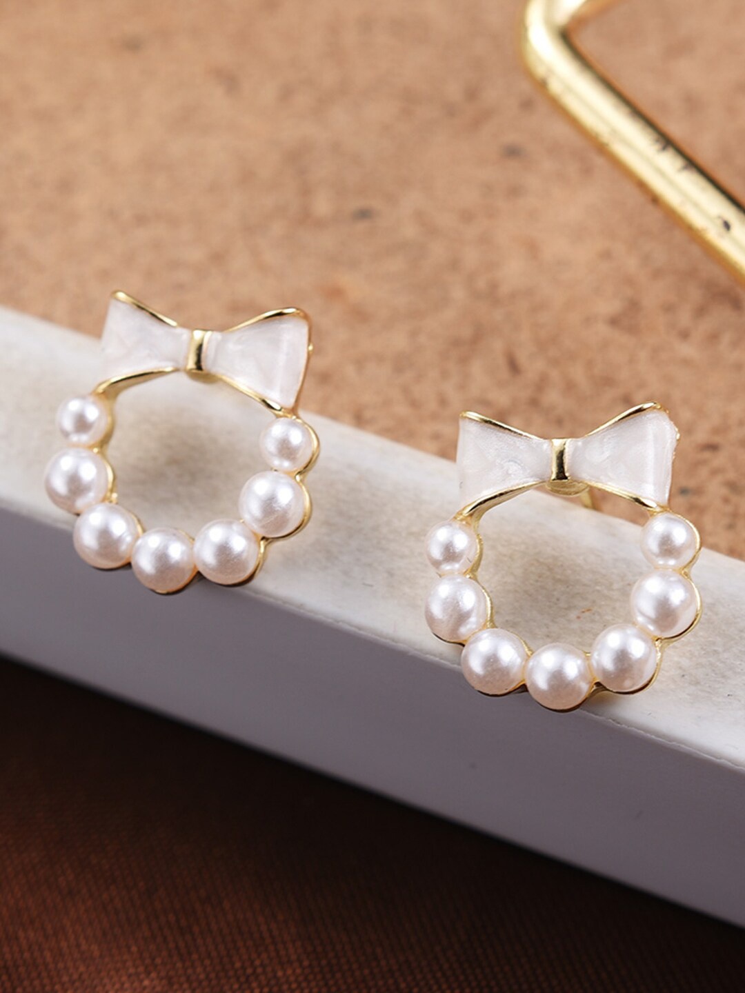 Krelin Gold-Plated Bow & Faux Pearl Studs Earrings