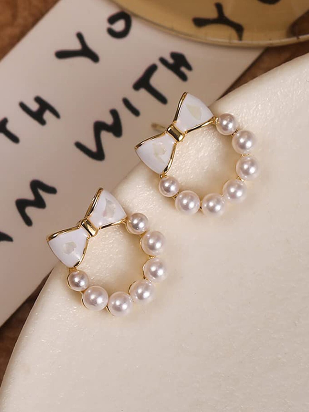 Krelin Gold-Plated Bow & Faux Pearl Studs Earrings