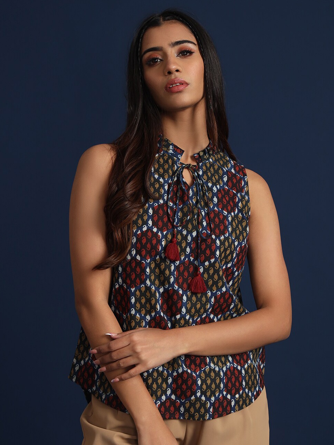 

Taavi Ethnic Motifs Printed Tie-Up Neck Pure Cotton Top, Multi
