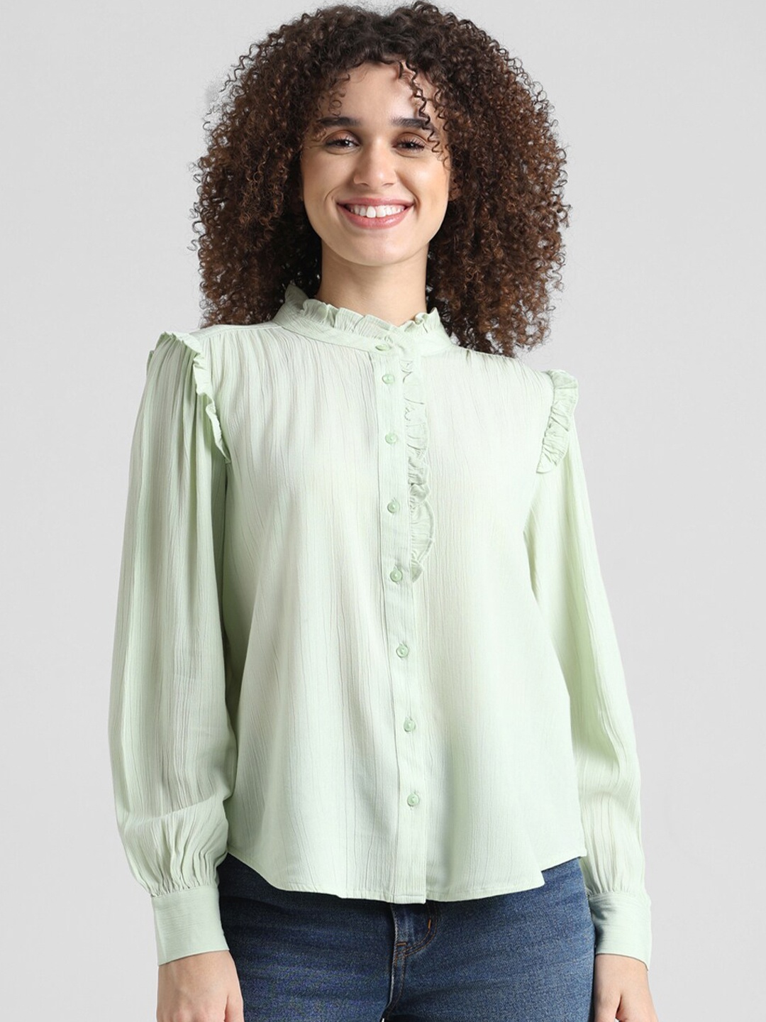 

ONLY Band Collar Ruffled Casual Shirt, Green