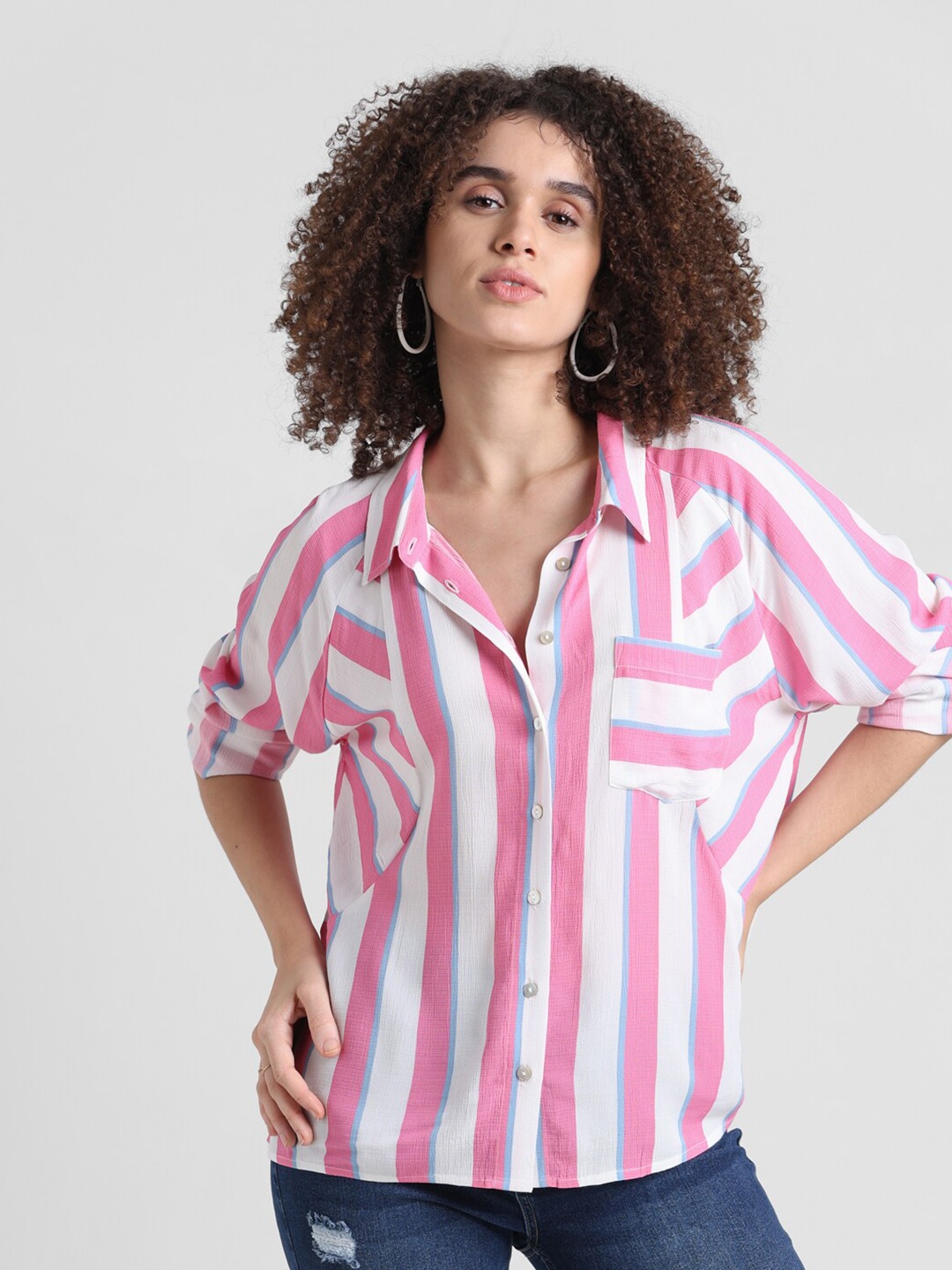 

ONLY Vertical Striped Spread Collar Casual Shirt, Pink