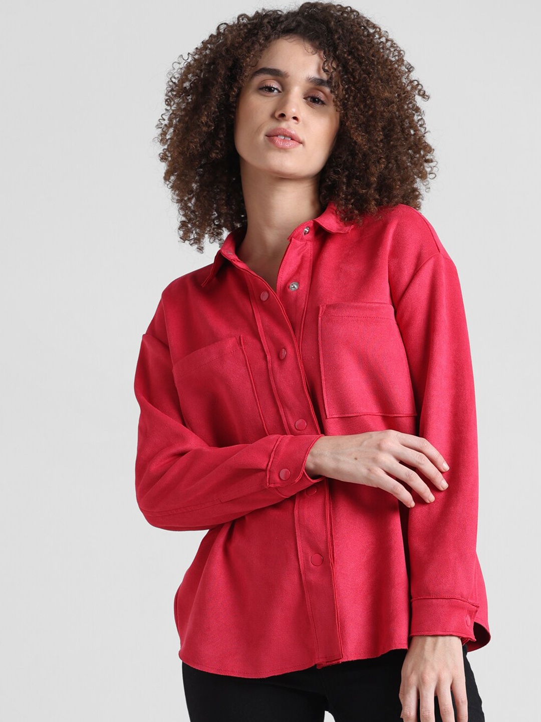 

ONLY Suede Spread Colllar Casual Shirt, Red