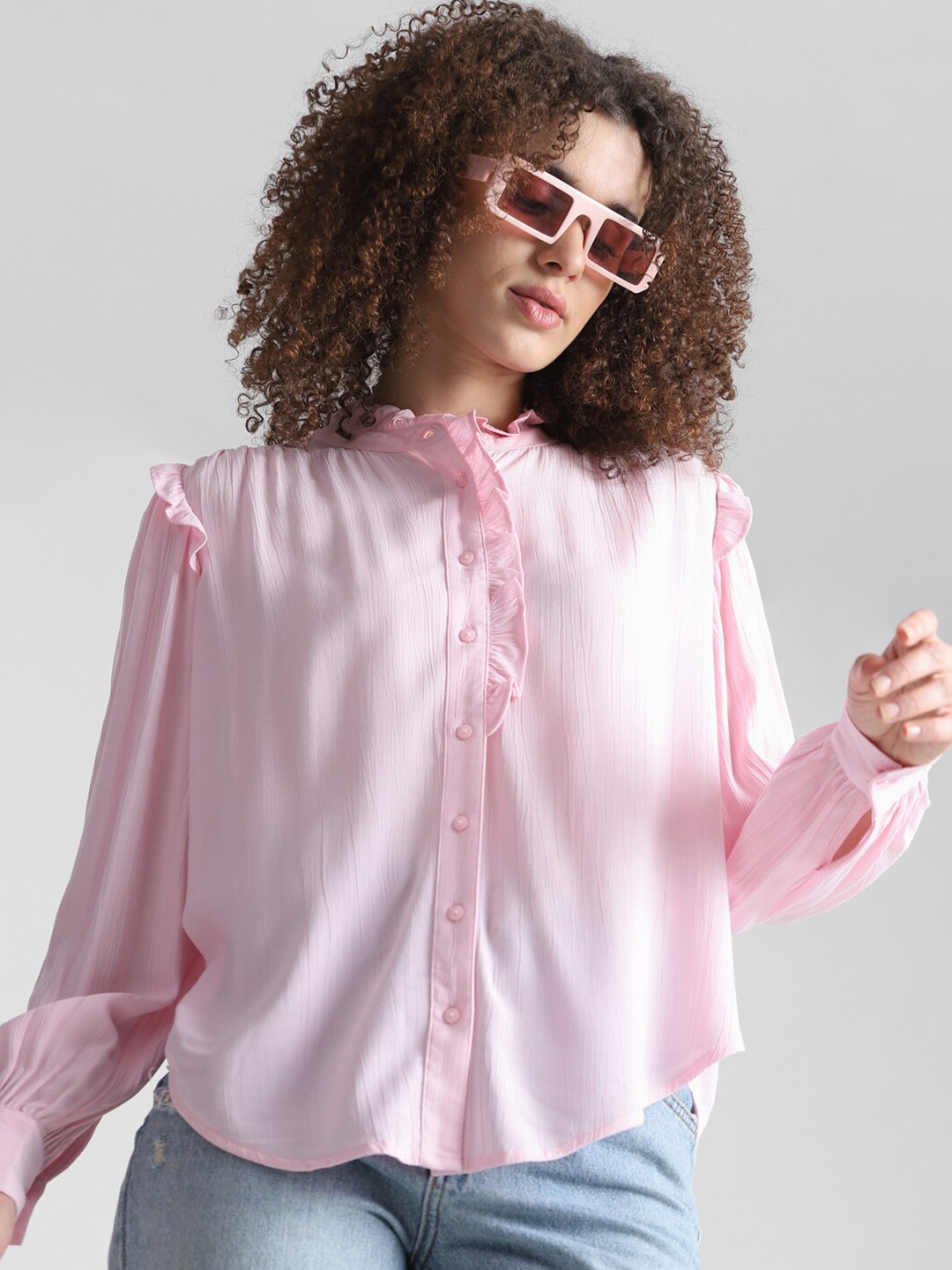 

ONLY Ruffled Band Collar Casual Shirt, Pink