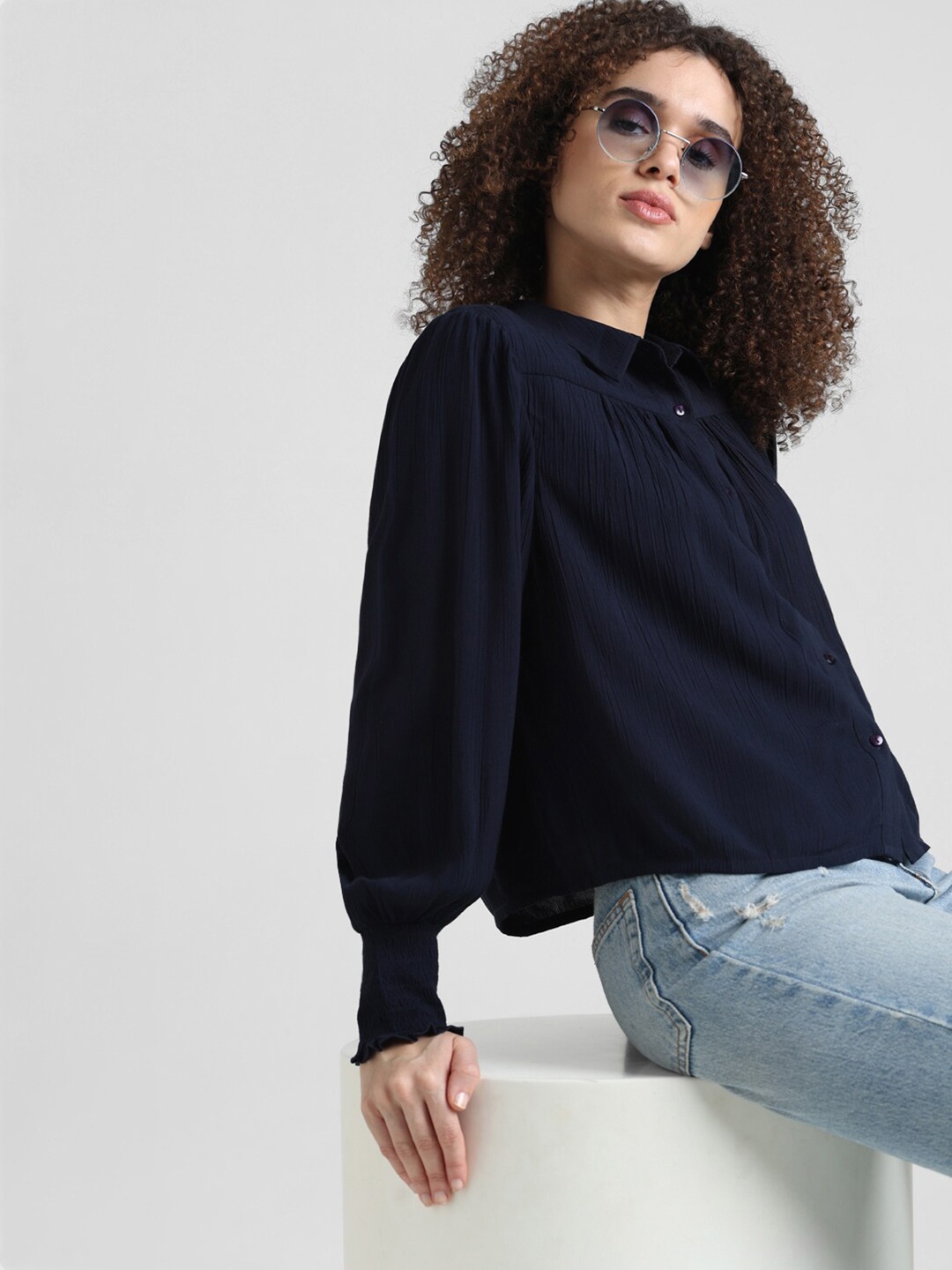 

ONLY Gathered Spread Collar Casual Shirt, Navy blue