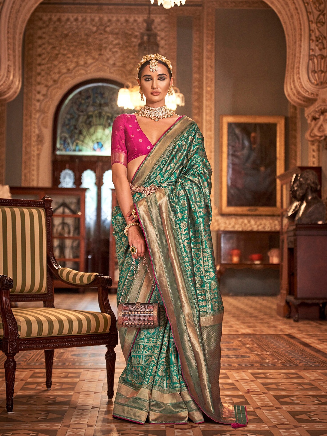 

elora Ethnic Motifs Woven Design Zari Detailed Banarasi Saree, Green