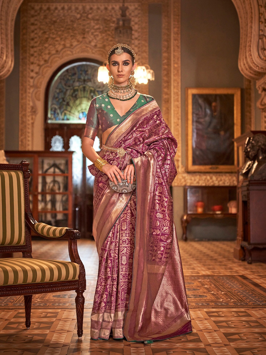 

elora Ethnic Motifs Woven Design Zari Detailed Banarasi Saree, Magenta