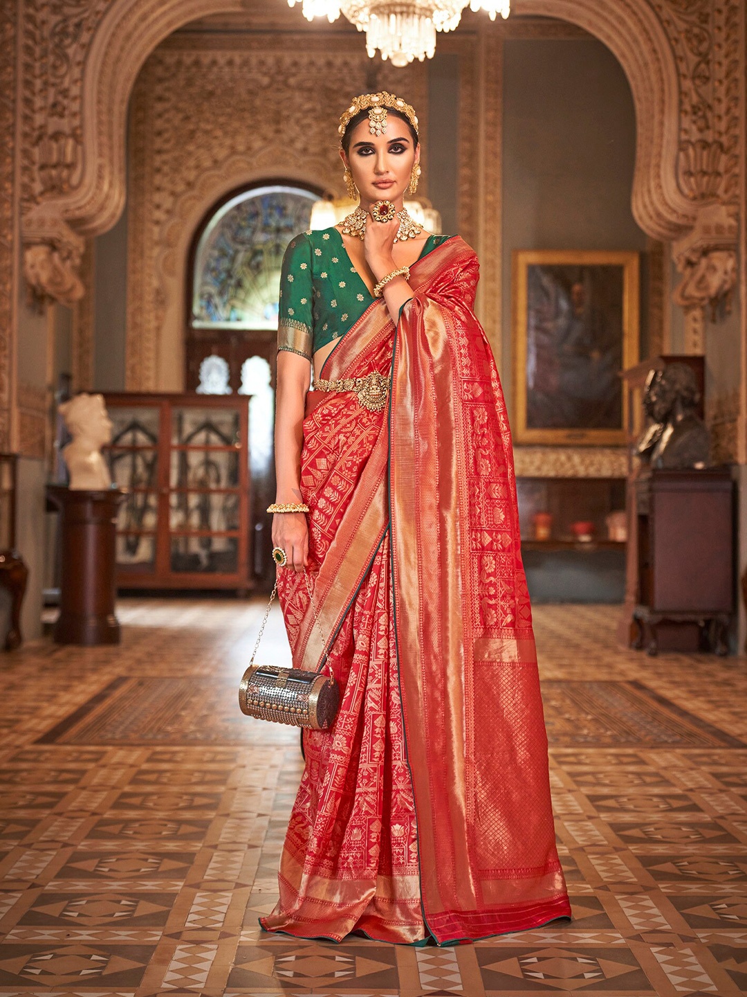 

elora Ethnic Motifs Woven Design Designer Banarasi Saree, Red