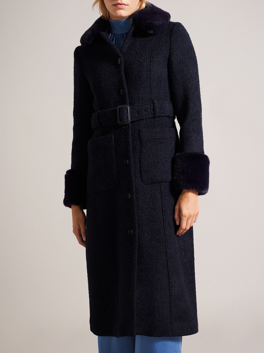 

Ted Baker Self Design Long Sleeves Fur Belted Longline Overcoat, Blue