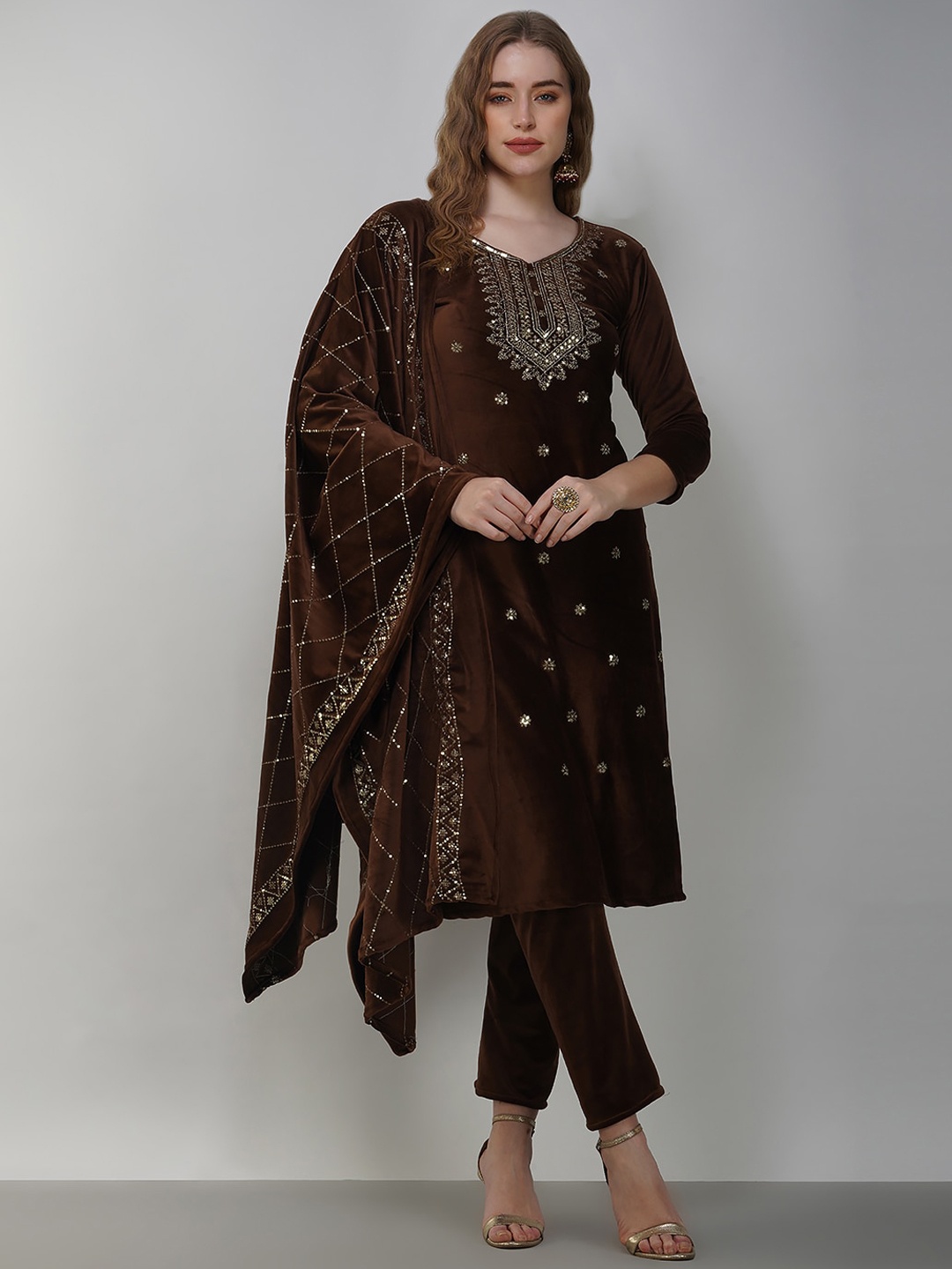 

KALINI Floral Embroidered Sequined Straight Kurta With Trouser & Dupatta, Brown