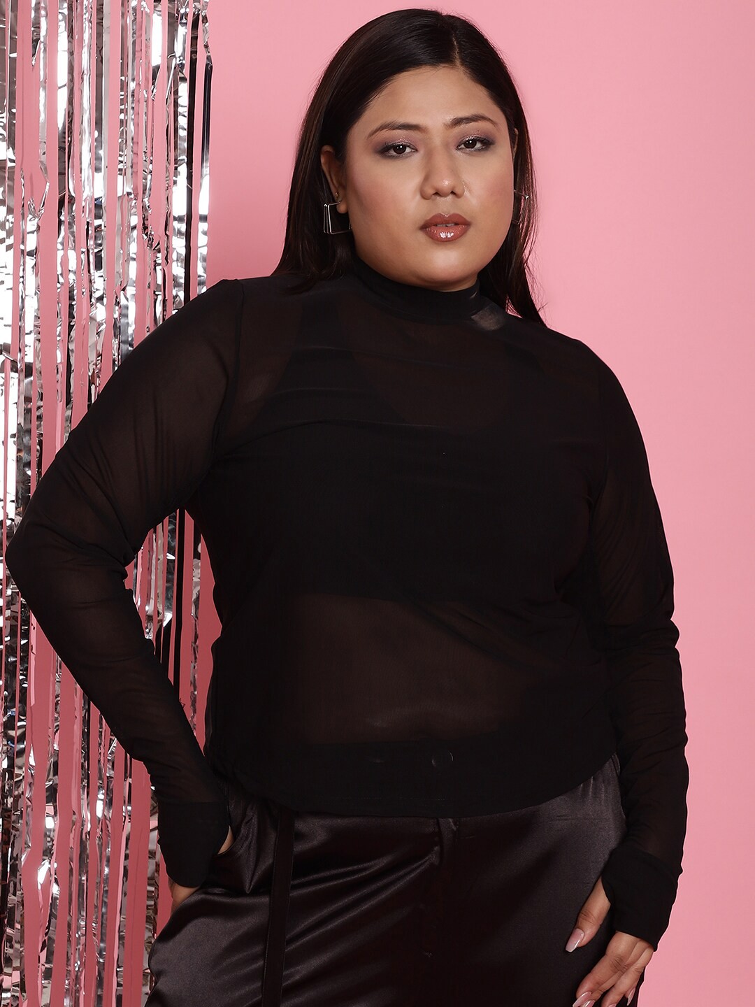 

theRebelinme Plus Size High Neck Long Sleeves Regular Top, Black