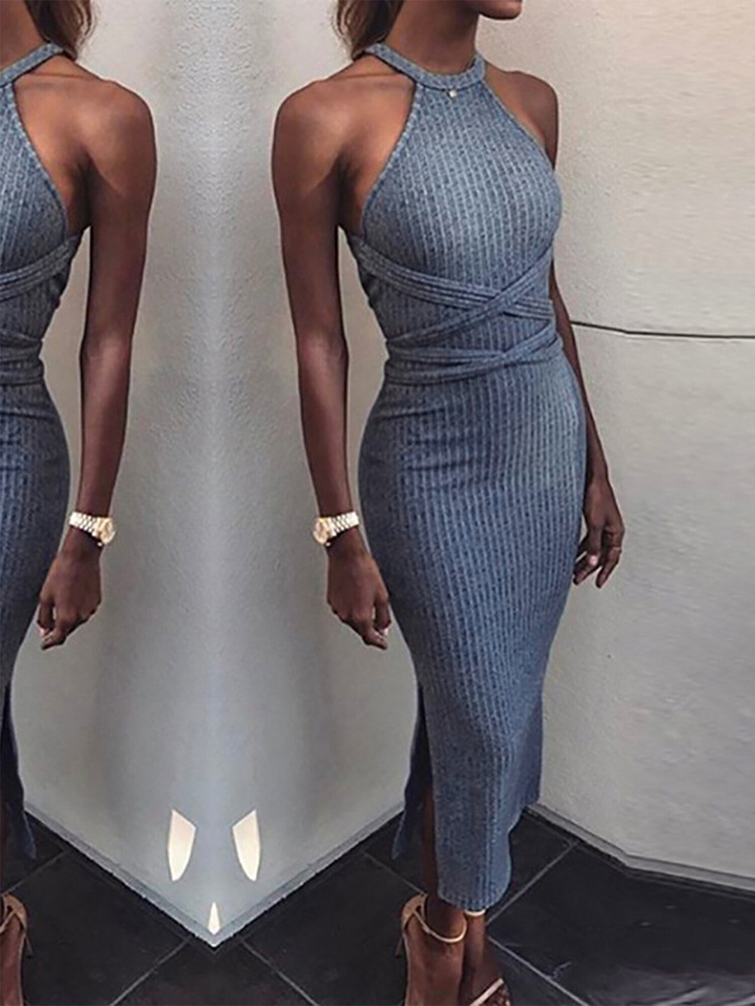 

LULU & SKY Striped Halter Neck Sheath Midi Dress, Blue