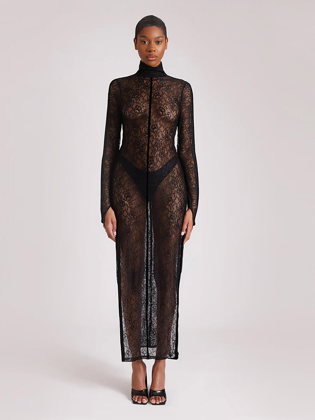 

LULU & SKY Self Design Side Slit Maxi Dress, Black