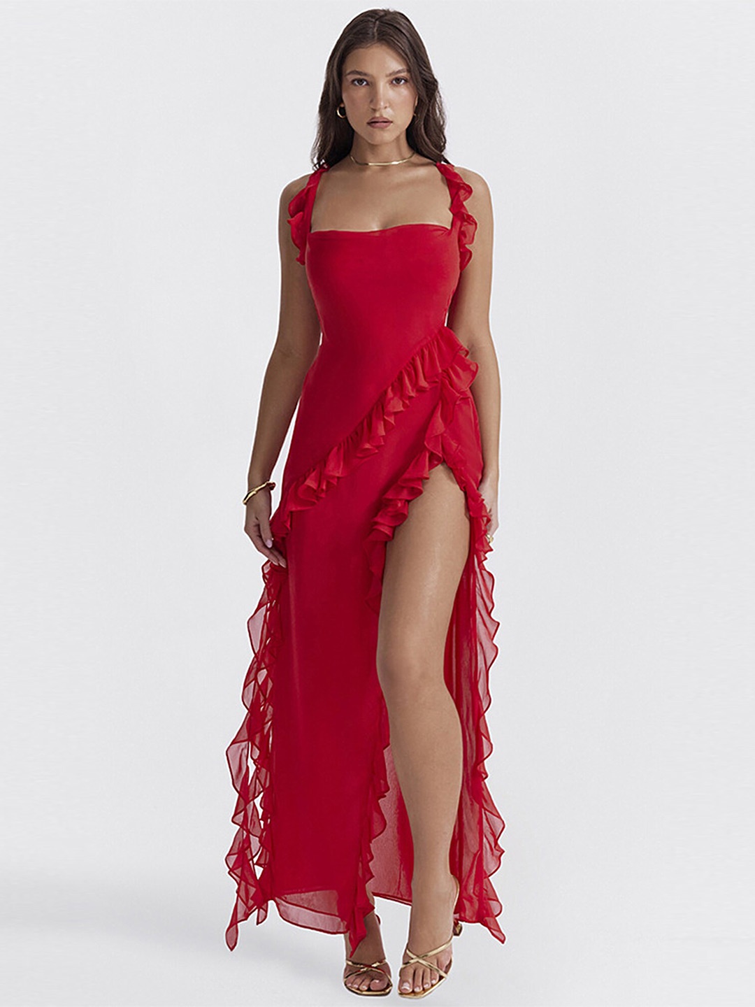 

LULU & SKY Front Thigh Slit Ruffles Maxi Dress, Red