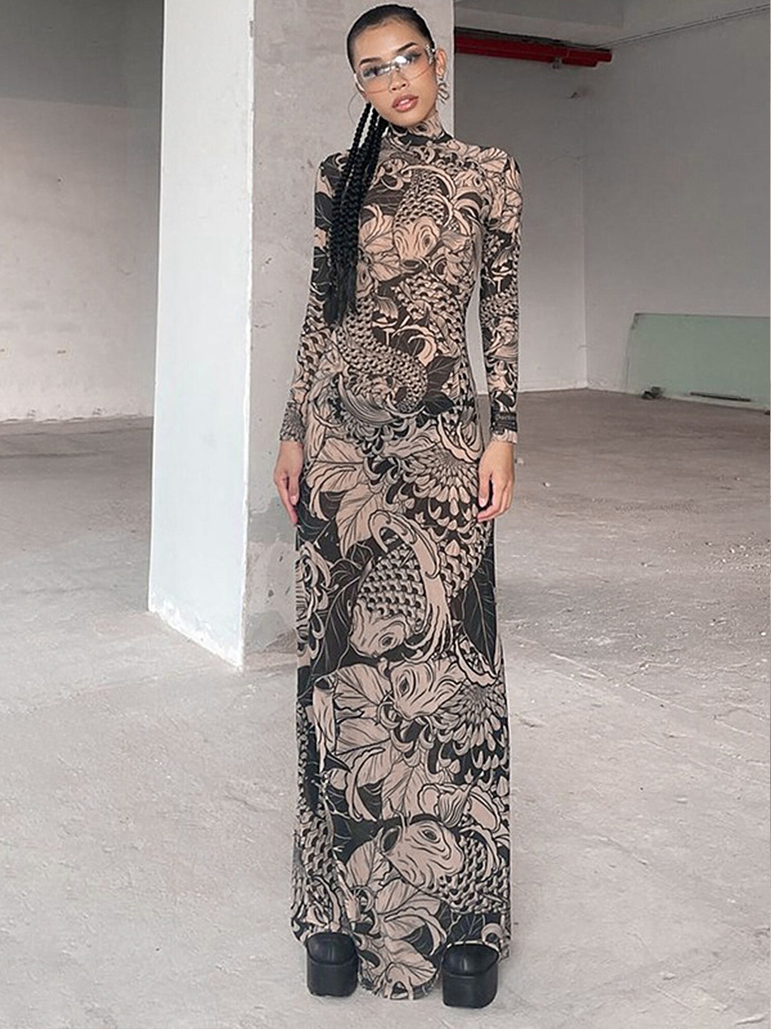 

LULU & SKY Conversational Printed Bodycon Maxi Dress, Khaki