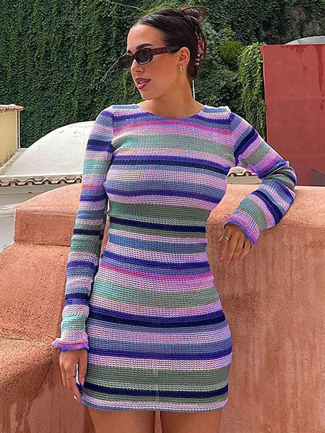 

LULU & SKY Striped Round Neck Bodycon Mini Dress, Lavender