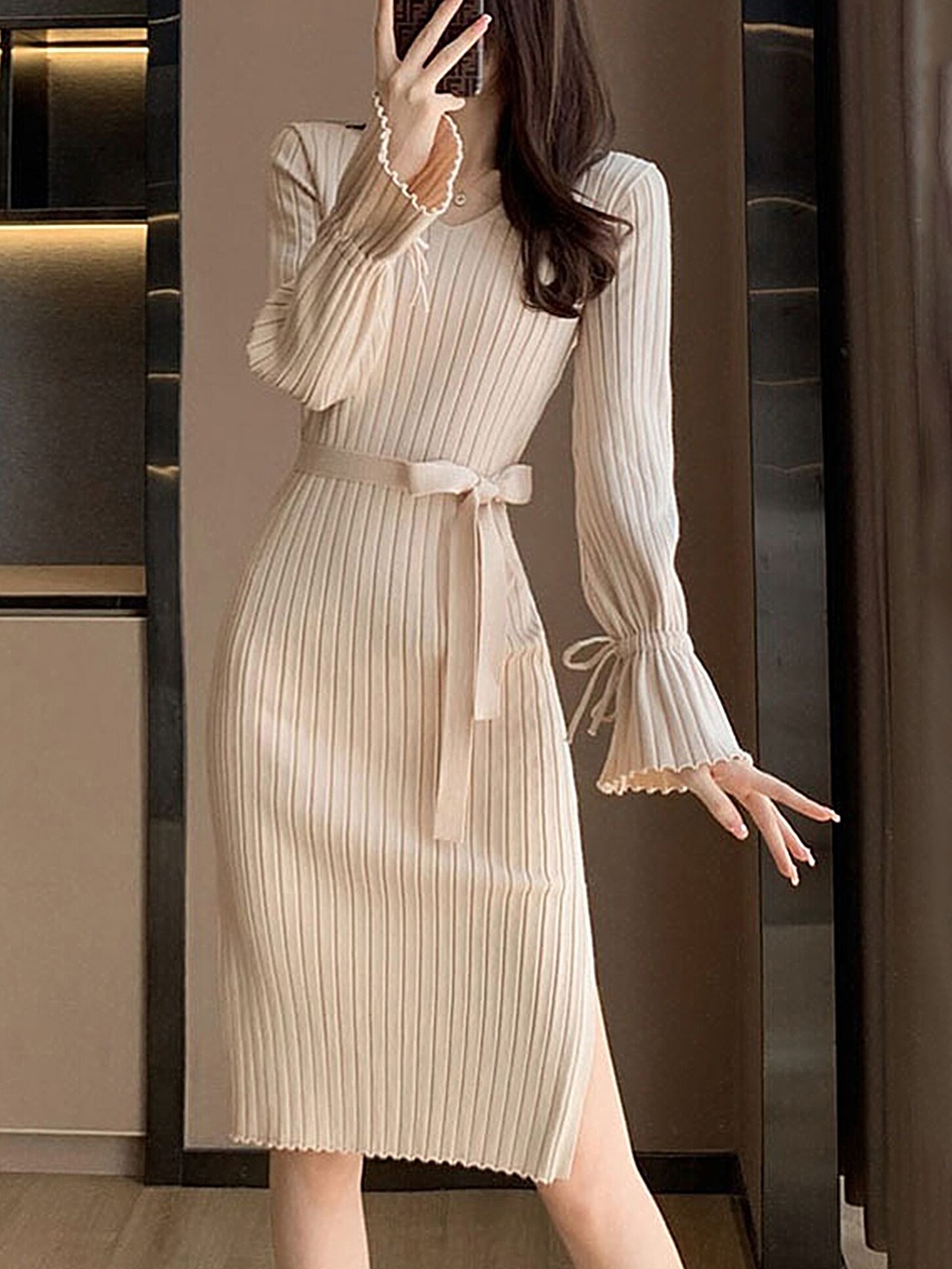 

LULU & SKY Ribbed Tie-Ups Sheath Midi Dress, Off white
