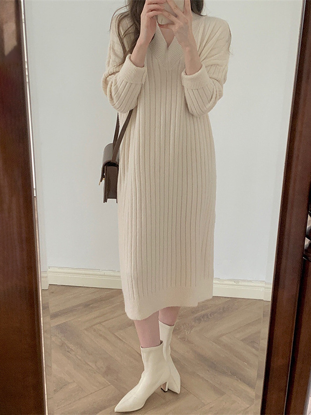 

LULU & SKY Striped V-Neck A-Line Midi Dress, Beige