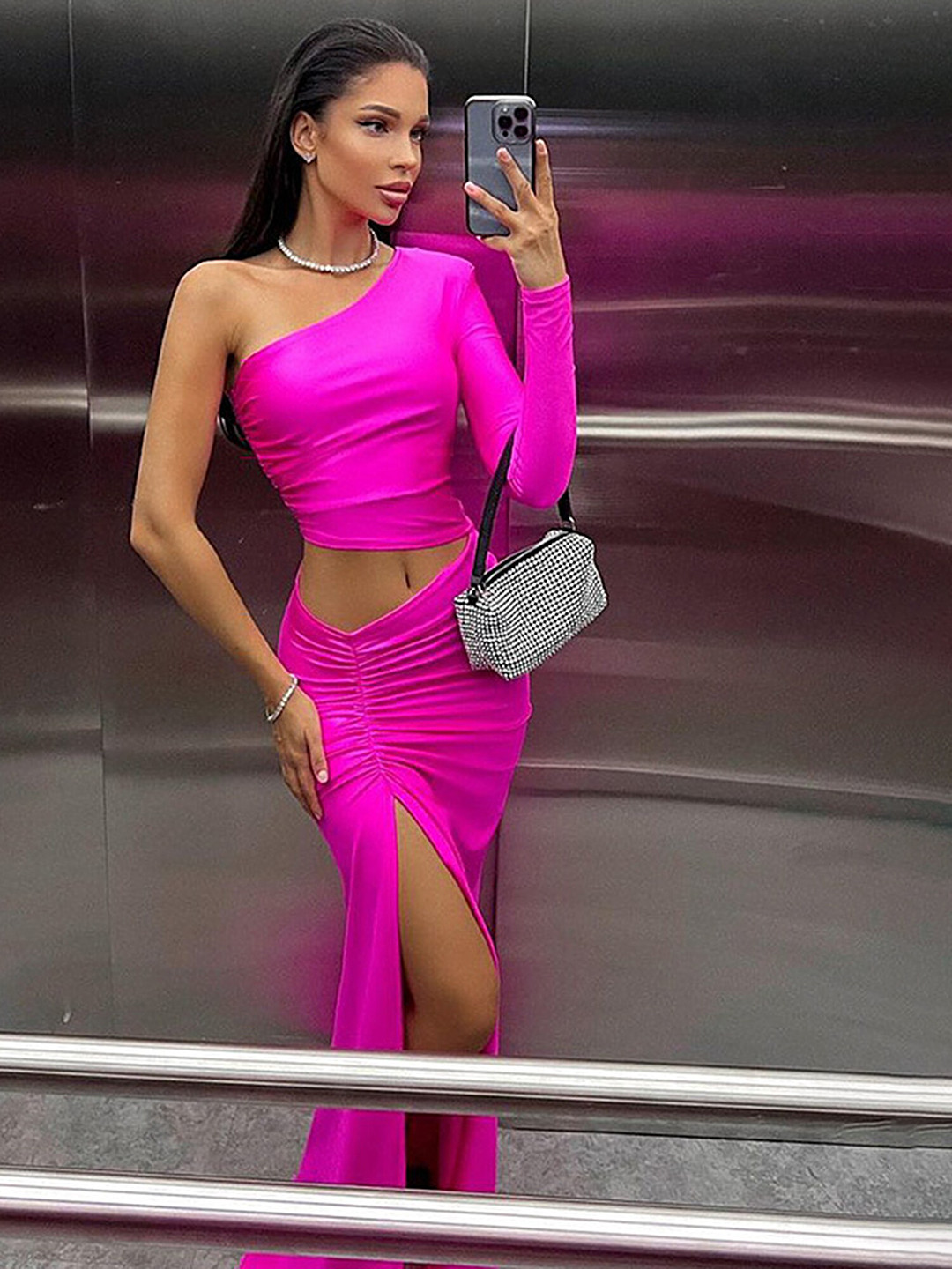 

LULU & SKY One Shoulder Ruched Cut Out Maxi Dress, Pink