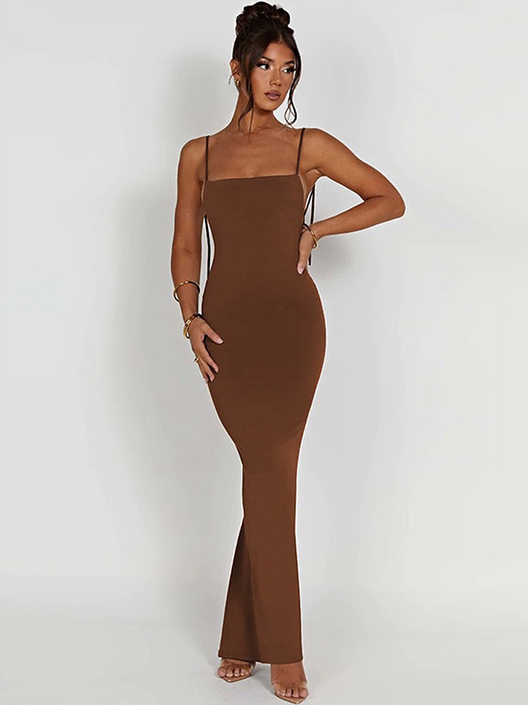 

LULU & SKY Shoulder Straps Gathered Detailed Ruched Maxi Dress, Brown