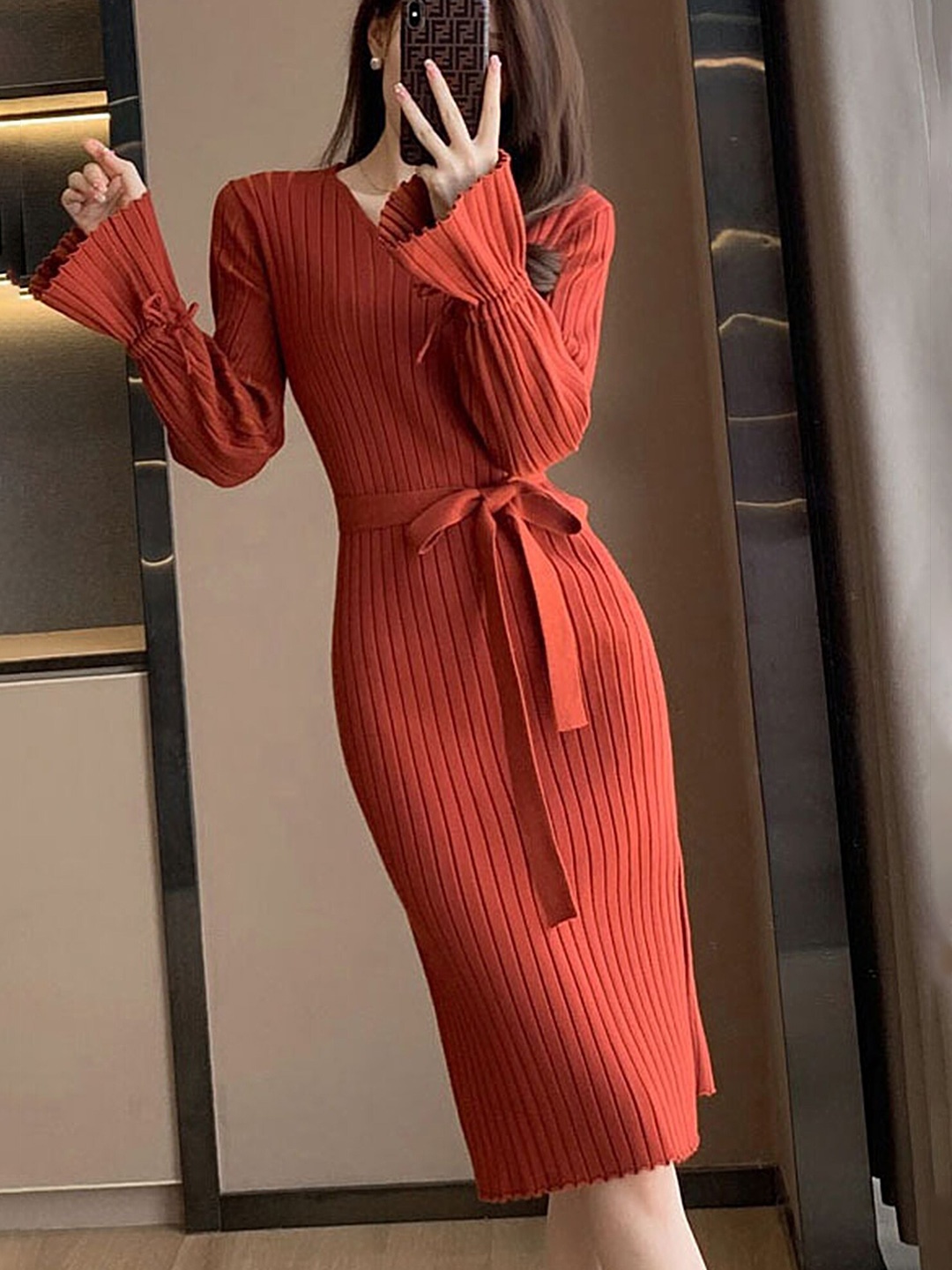 

LULU & SKY V-Neck Long Sleeves Belted Sheath Dress, Red