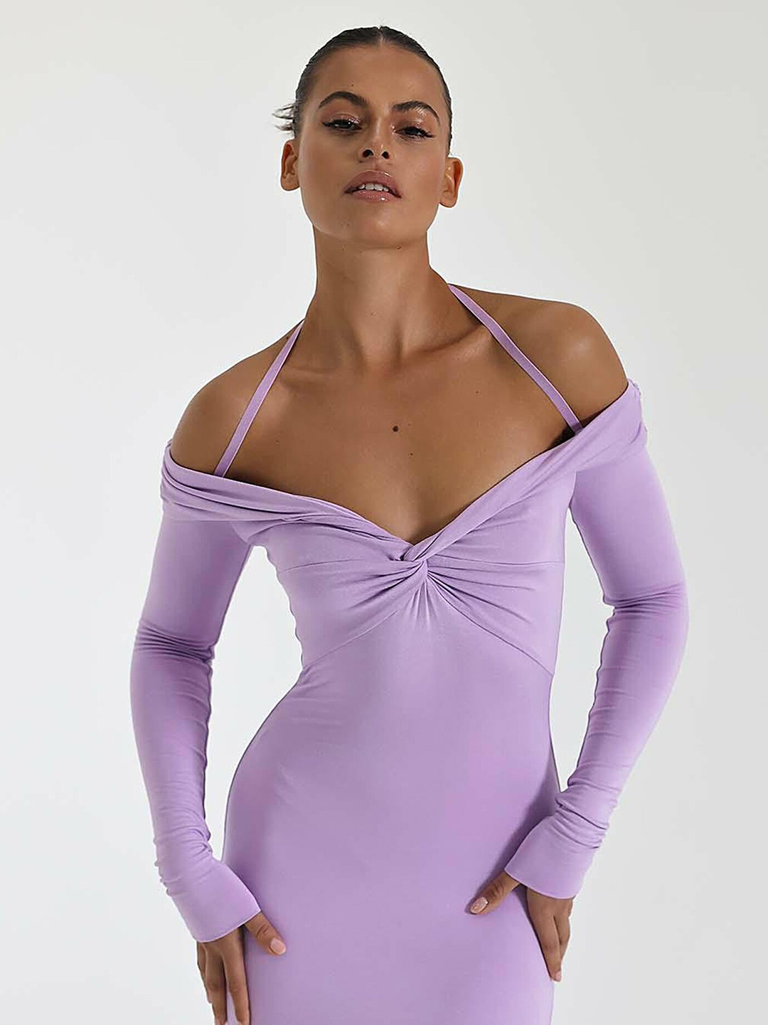 

LULU & SKY Off-Shoulder Cold-Shoulder Sleeves Bodycon Dress, Purple