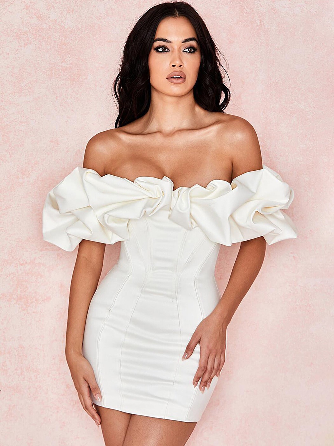 

LULU & SKY Off-Shoulder Puff Sleeve Ruffled Bodycon Mini Dress, White