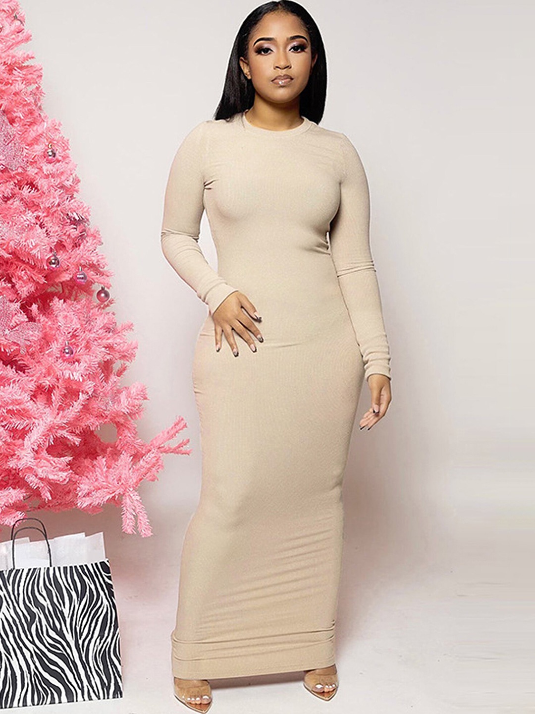 

LULU & SKY Round Neck Long Sleeve Bodycon Dress, Beige
