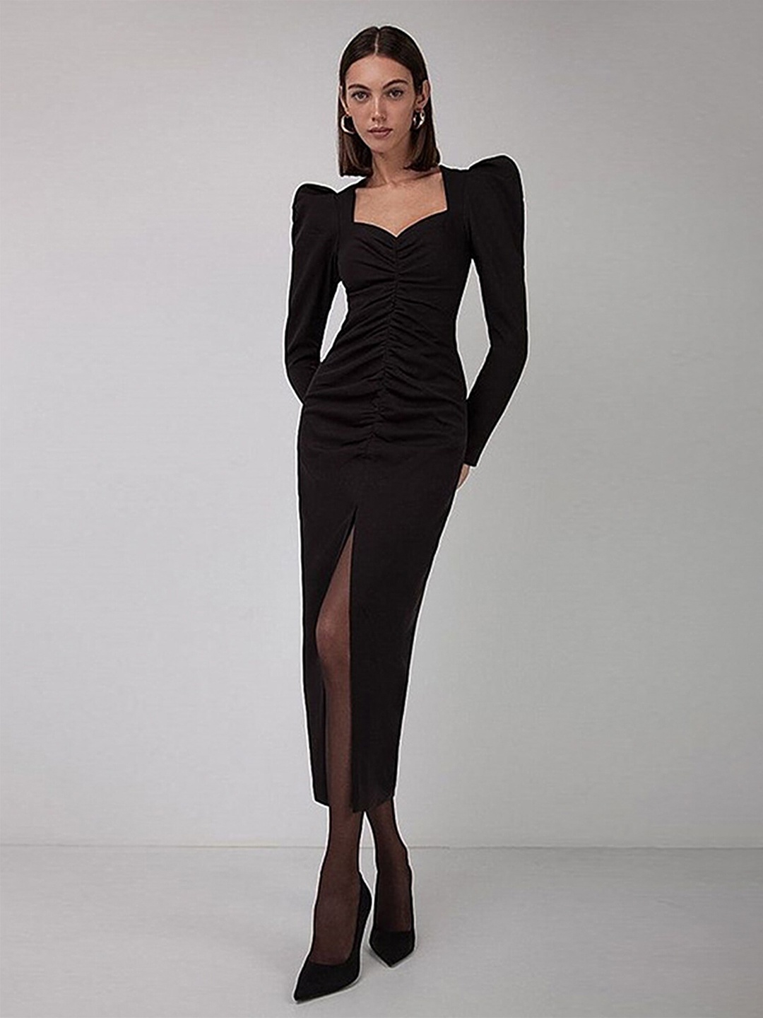 

LULU & SKY Sweetheart Neck Long Sleeves Gathered Ruched Maxi Dress, Black