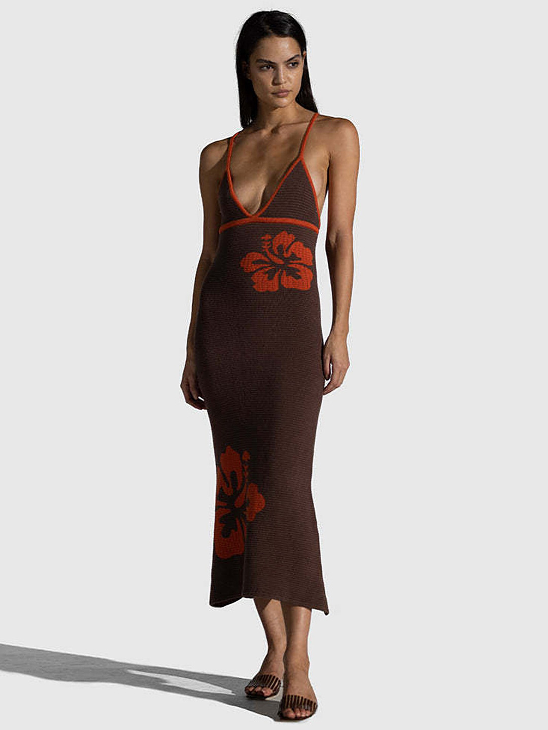 

LULU & SKY Floral Printed Shoulder Straps A-Line Midi Dress, Brown