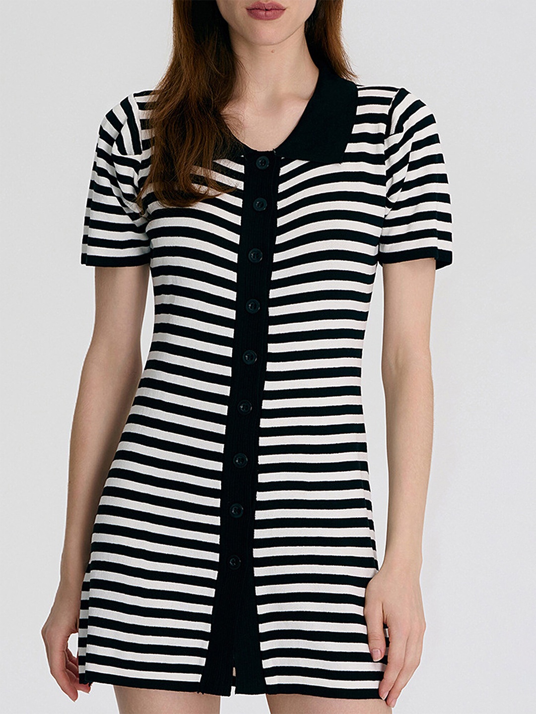

LULU & SKY Striped Shirt Collar A-Line Dress, Black