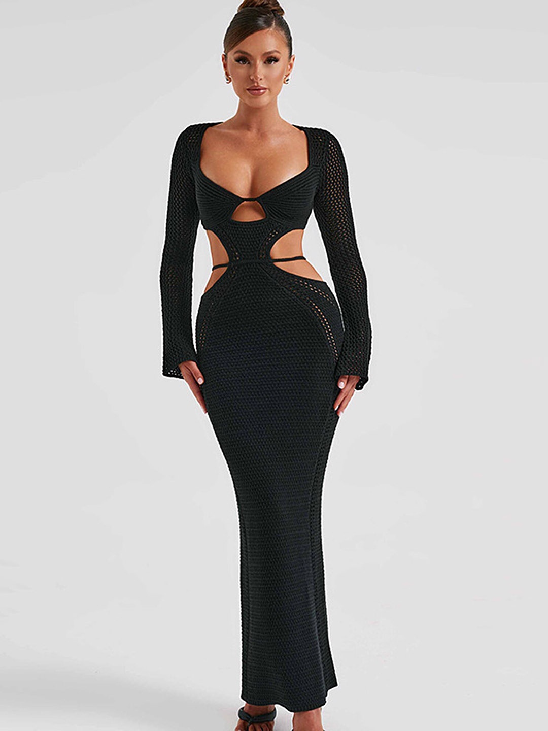 

LULU & SKY Cut Outs Acrylic Bodycon Maxi Dress, Black