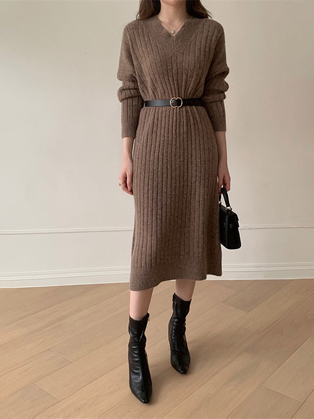 

LULU & SKY Ribbed Sweater Midi Dress, Coffee brown