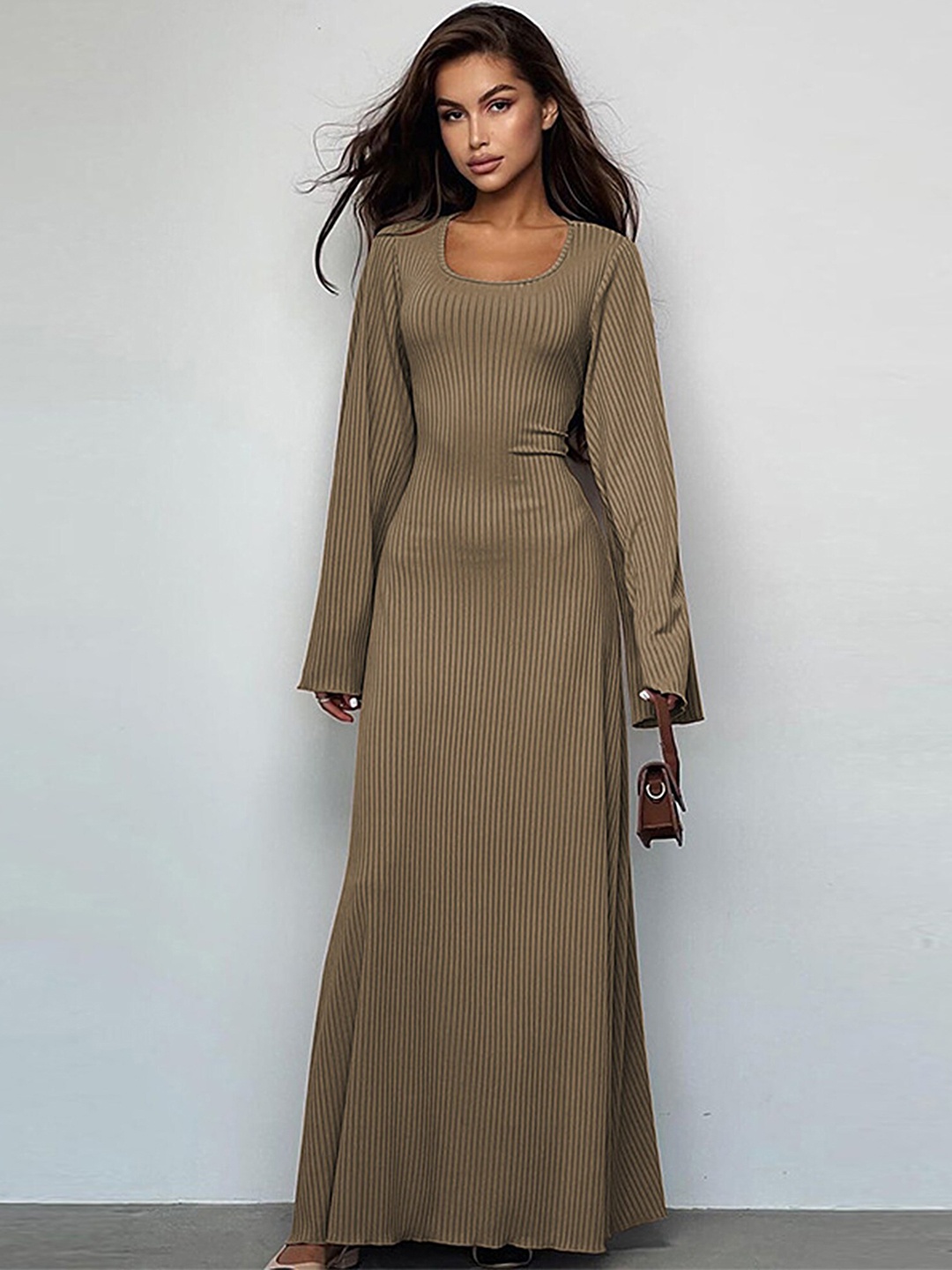 

LULU & SKY Ribbed Bell Sleeve Jumper Maxi Dress, Khaki