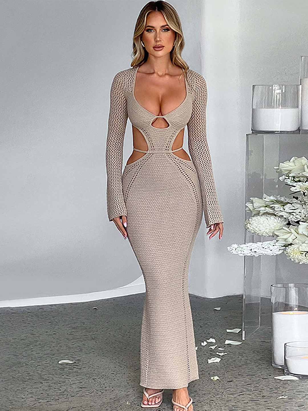 

LULU & SKY Self Design Cut Outs Maxi Dress, Khaki