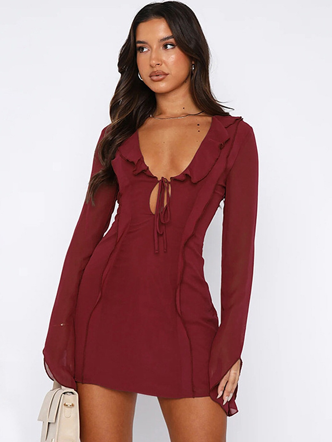 

LULU & SKY Tie Up Neck A Line Mini Dress, Burgundy