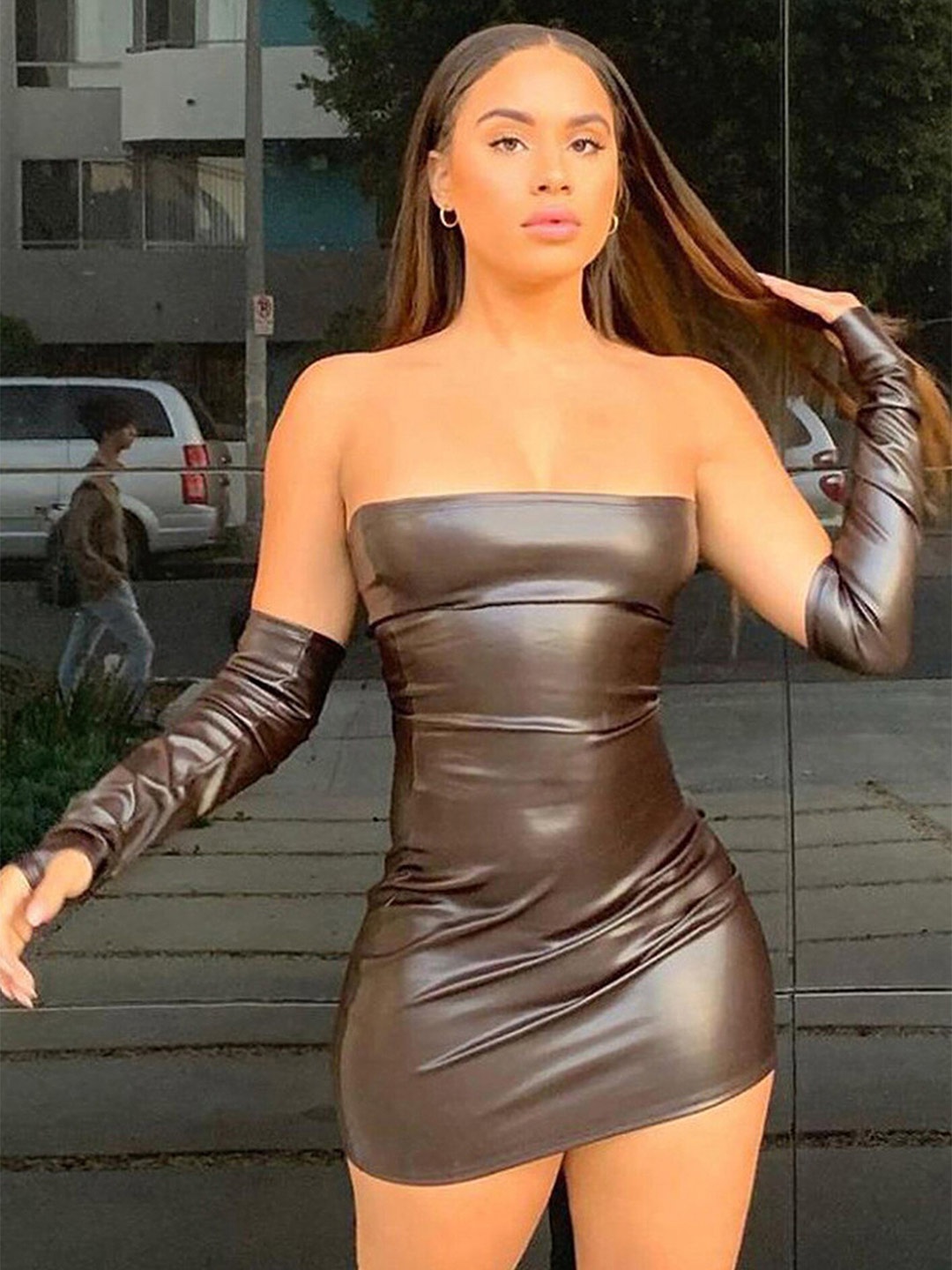

LULU & SKY Off Shoulder Bodycon Mini Dress, Brown