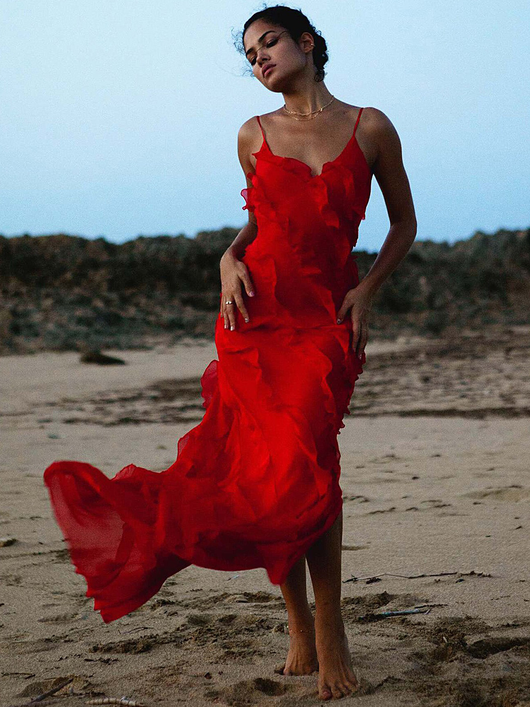 

LULU & SKY Shoulder Straps Ruffled Maxi Dress, Red