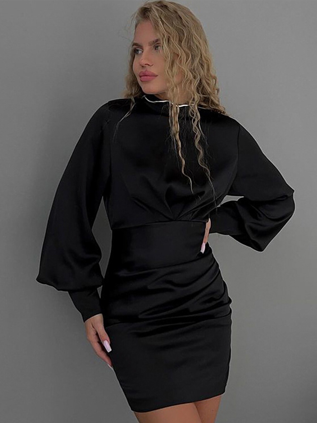 

LULU & SKY High Neck Cuffed Sleeves Ruched Bodycon Dress, Black