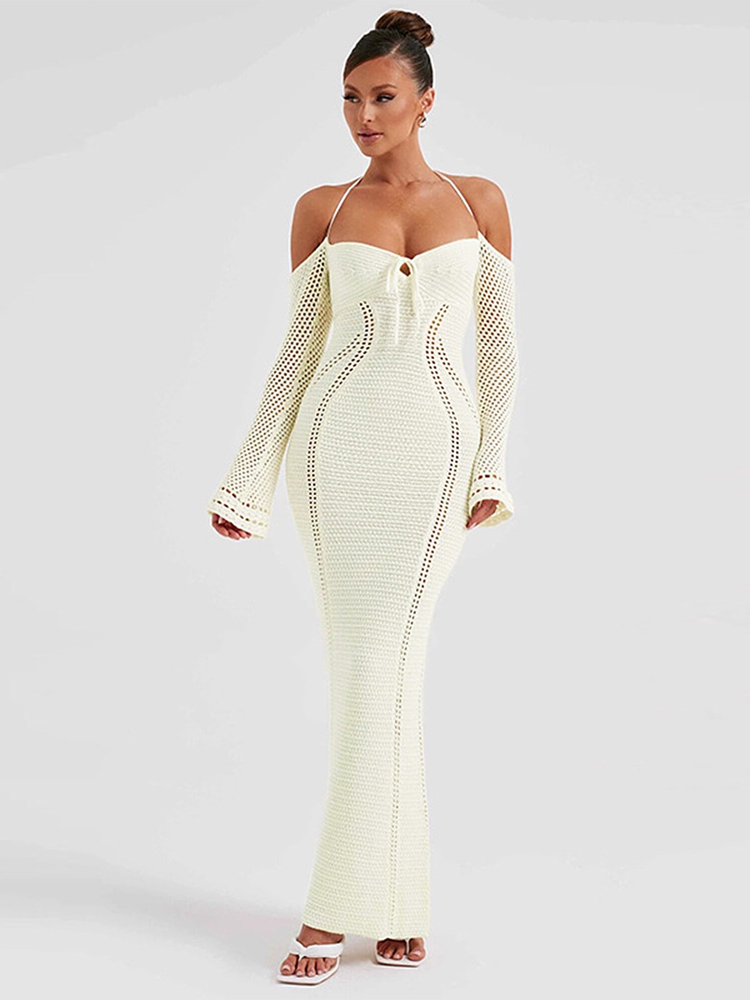 

LULU & SKY Halter Neck Acrylic Bodycon Maxi Dress, White