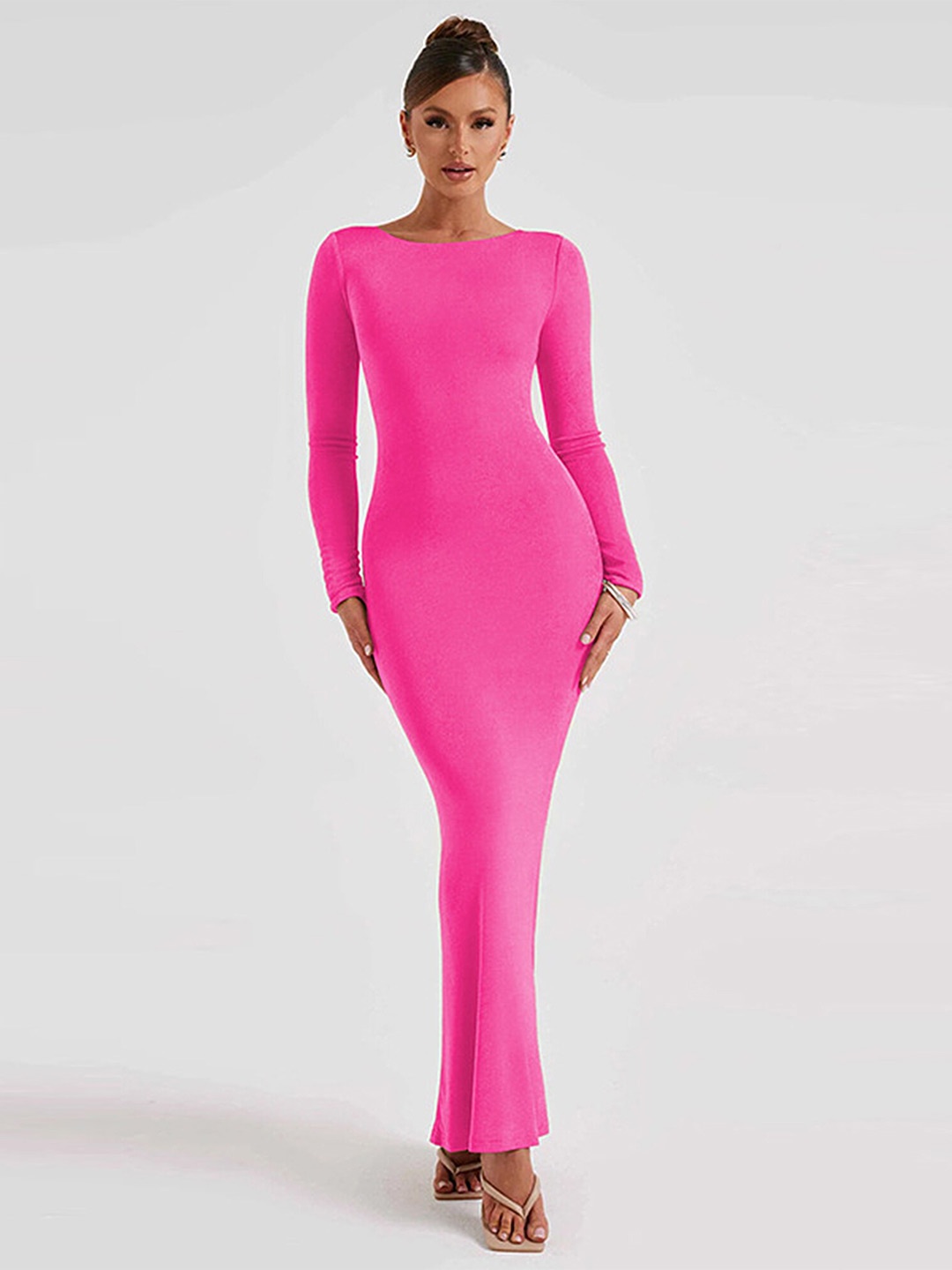 

LULU & SKY Round Neck Gathered Bodycon Maxi Dress, Rose