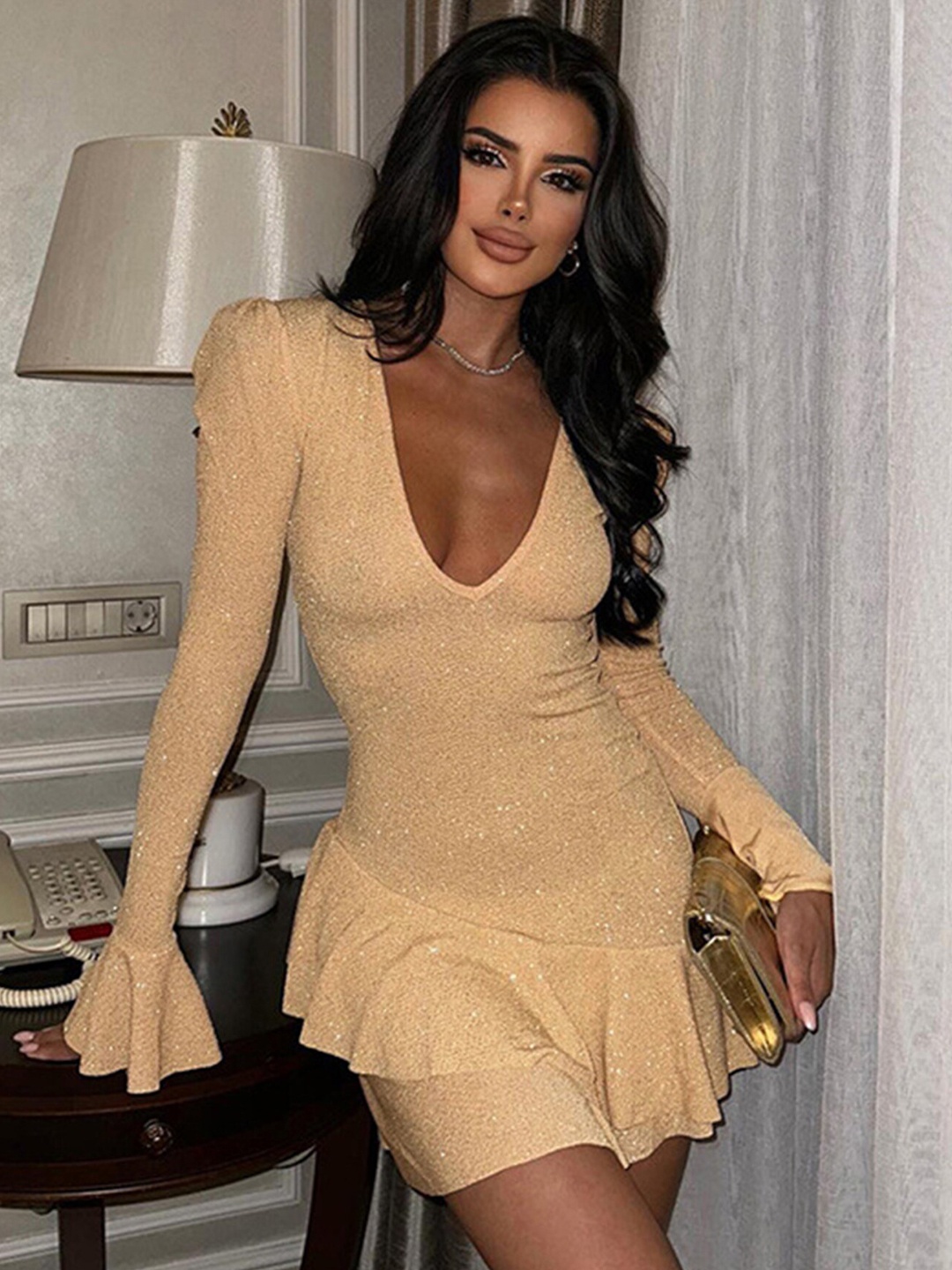 

LULU & SKY Embellished Bell Sleeves Frill Hem A-Line Mini Dress, Khaki
