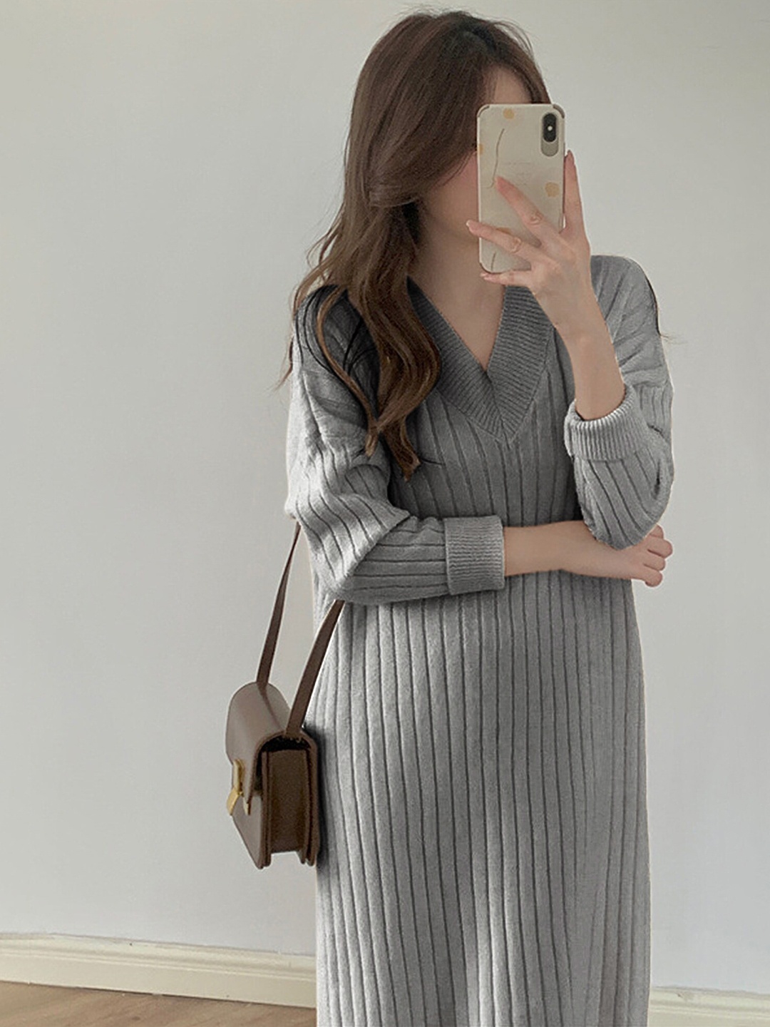 

LULU & SKY Striped V-Neck A-Line Midi Dress, Grey