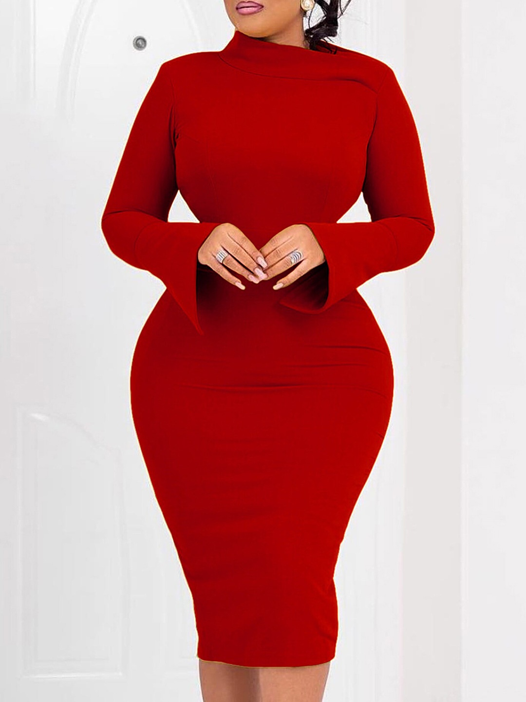 

LULU & SKY Round Neck Bell Sleeves Bodycon Dress, Red