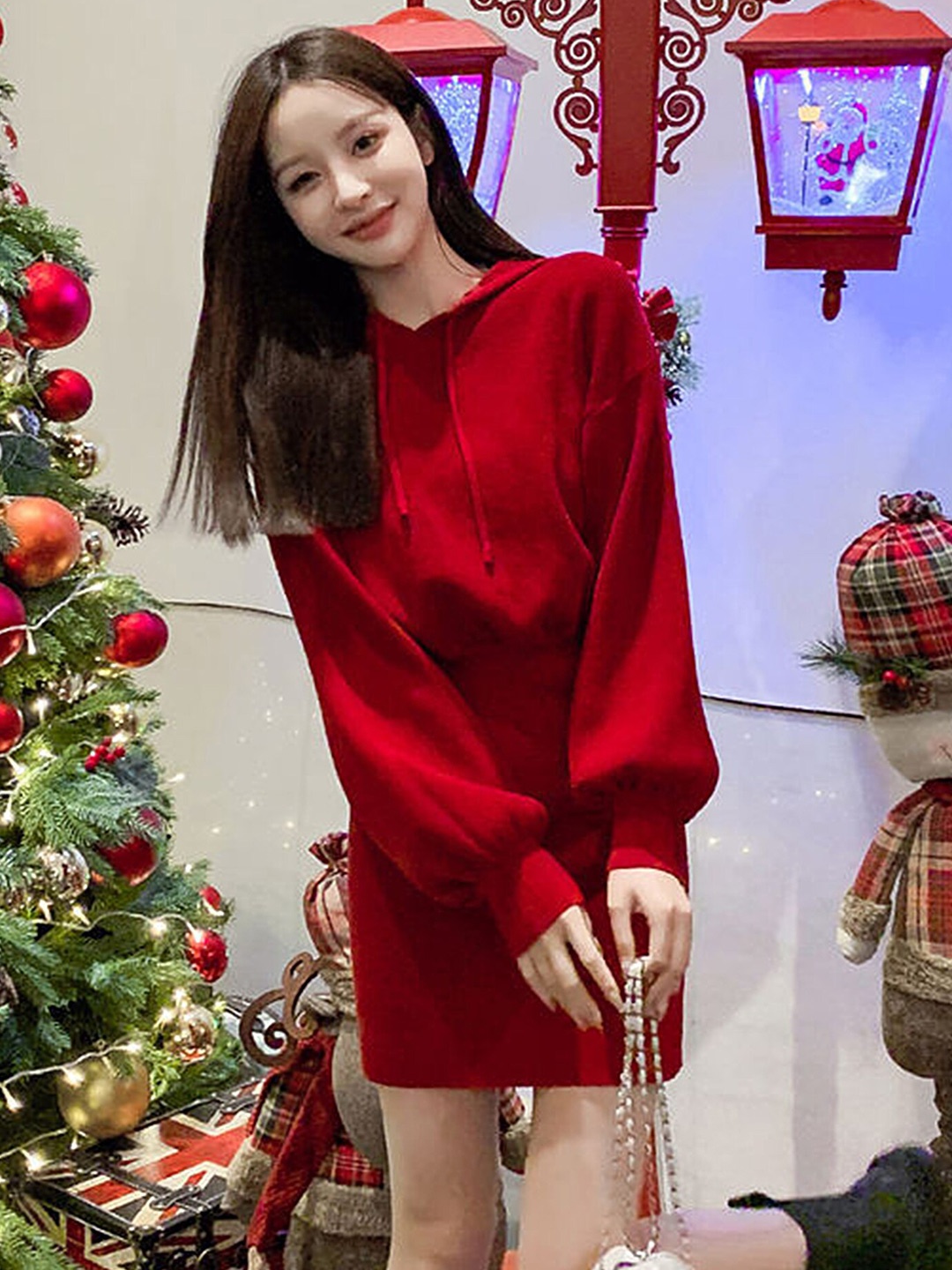 

LULU & SKY Hooded Cuffed Sleeves Blouson Dress, Red