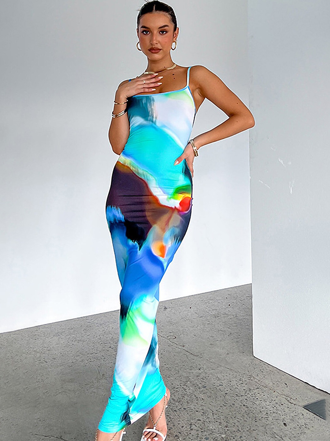

LULU & SKY Abstract Printed Shoulder Straps Maxi Dress, Blue