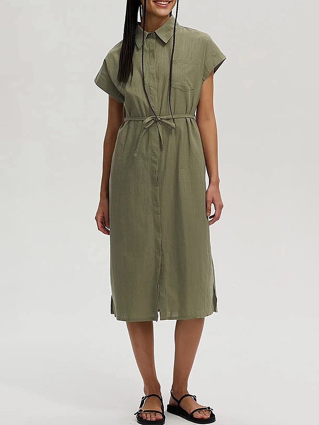 

LULU & SKY Extended Sleeves Tie Ups Concealed Button Shirt Style Midi Dress, Green